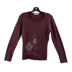 Intrama Italy Women's Burgundy Red Knit Long Sleeve Sweater Beaded Front Size M